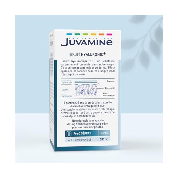 JUVAMINE - Beauté Hyaluronique + - Acide Hyaluronique 200mg - Nutriment du derme - Beauté - Elasticité - Peau - 60 gélules - 