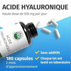 Acide hyaluronique gelules - 930 mg dacide hyaluronique par dose journalière - 180 gélules pour 2 mois - Green Naturals®