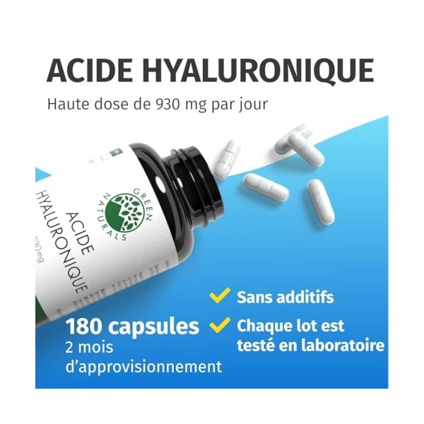 Acide hyaluronique gelules - 930 mg dacide hyaluronique par dose journalière - 180 gélules pour 2 mois - Green Naturals®