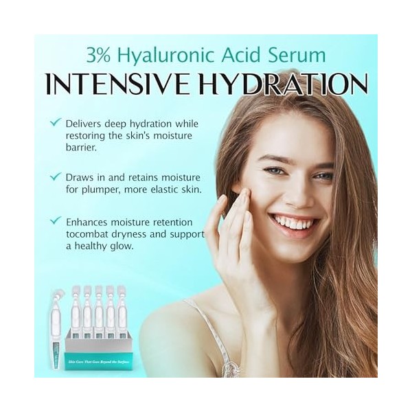 Sérum à lacide Hyaluronique, Acide Hyaluronique Sérum Visage, 3% Hyaluronic Acid Serum Ultra-Hydrating Vials, Procure une Hy