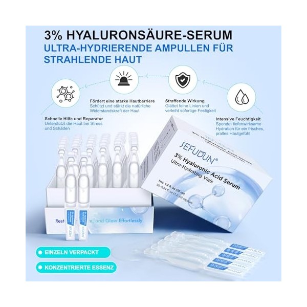 P-Beauty Sérum hyaluronique 3 % - Sérum visage à lacide hyaluronique en ampoules - Hydratation intense, réduction des rides, ...
