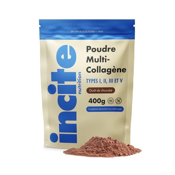 Incite Nutrition Multi Collagene Poudre au Chocolat 400 g. Source de Collagène Types 1, 2, 3 et 5. Complément Utile pour la P...