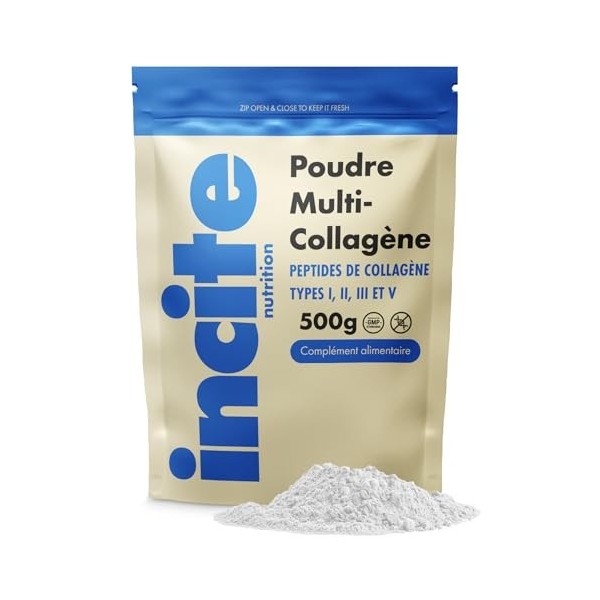 Incite Nutrition Multi Collagene Poudre au Chocolat 400 g. Source de Collagène Types 1, 2, 3 et 5. Complément Utile pour la P...