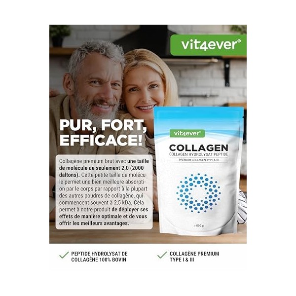 Collagène en Poudre 500 g - 100% Collagène Bioactif hydrolysat Peptides - Type 1 et 3 - Goût Neutre - Sans additifs Acide hya...