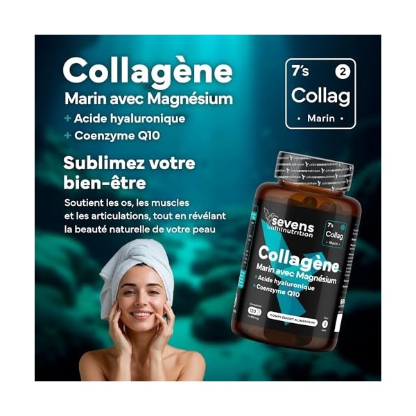Collagène Marin Hydrolysé avec Magnésium Acide Hyaluronique Coenzyme Q10 – 120 Gélules – Peau Os Articulations – Vitamines A 