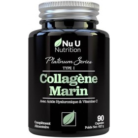 Collagène Marin et Acide Hyaluronique - 90 Gélules - Supplément de Collagène Hydrolysé de Type I avec Vitamines C, E et Minér