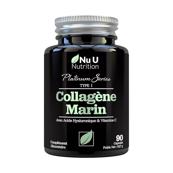Collagène Marin et Acide Hyaluronique - 90 Gélules - Supplément de Collagène Hydrolysé de Type I avec Vitamines C, E et Minér
