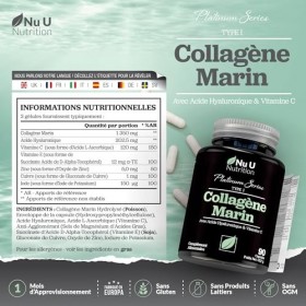 Collagène Marin et Acide Hyaluronique - 90 Gélules - Supplément de Collagène Hydrolysé de Type I avec Vitamines C, E et Minér