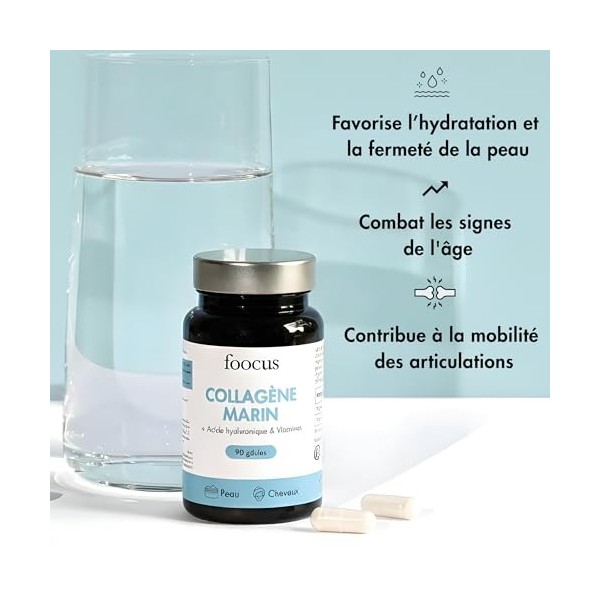 Collagène Marin - Avec Vitamine C et Acide Hyaluronique - Skincare pour Hydratation et Fermeté de la Peau - 90 Gélules - Fooc