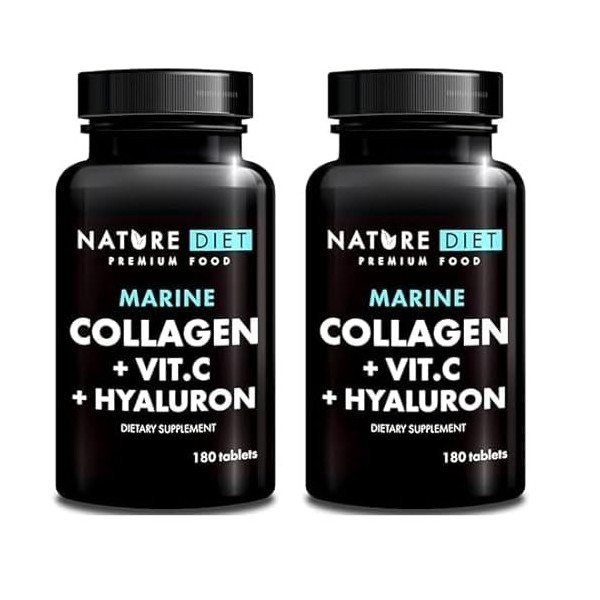 Nature Diet - Collagène marin avec acide hyaluronique et vitamine C, 180 comprimés, 500 mg | Peptane F | Collagène de poisson...