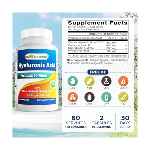 Best Naturals Hyaluronic Acid 100 mg 60 Capsules - Support Healthy Joints and Youthful Skin