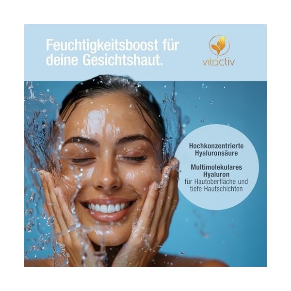 Vitactiv Beauty - Sérum hyaluronique hautement dosé - 30 ml - Soin hydratant pour le visage multi-moléculaire - Acide hyaluro