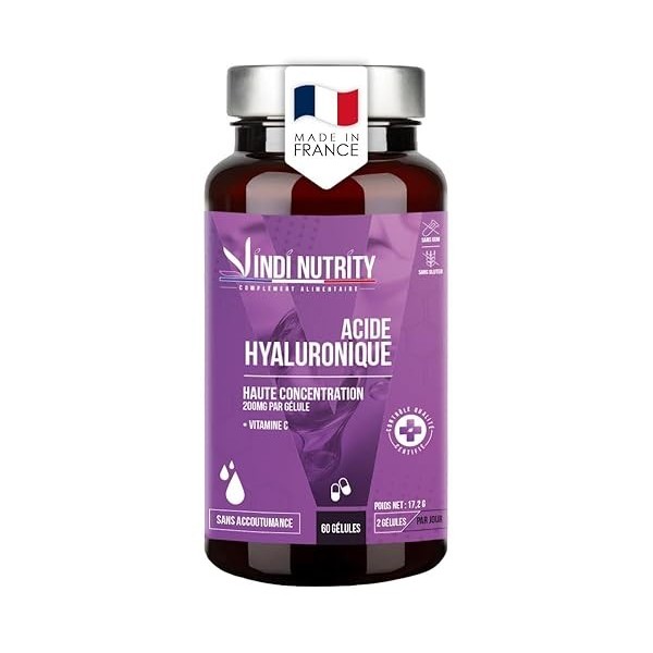 Acide Hyaluronique, Haute Concentration 200 mg, Vitamine C, 60 Gélules, VINDI NUTRITY, Fabriqué en France