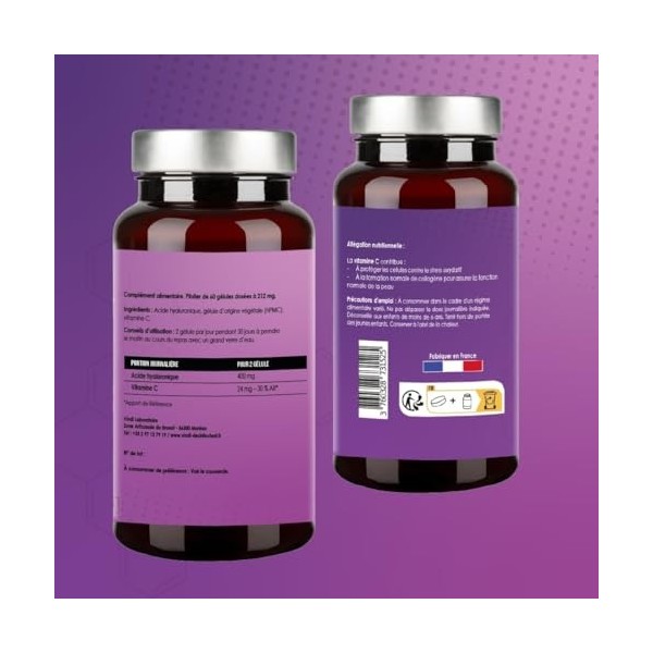 Acide Hyaluronique, Haute Concentration 200 mg, Vitamine C, 60 Gélules, VINDI NUTRITY, Fabriqué en France