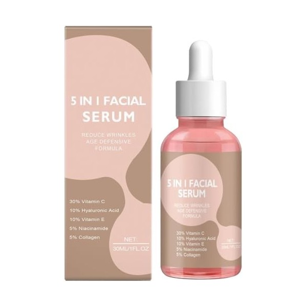 Sérum Visage 5-en-1 à 30% de vitamine C, sérum au collagène, éclaircissant et anti-taches, formule anti-âge pour tous types d...