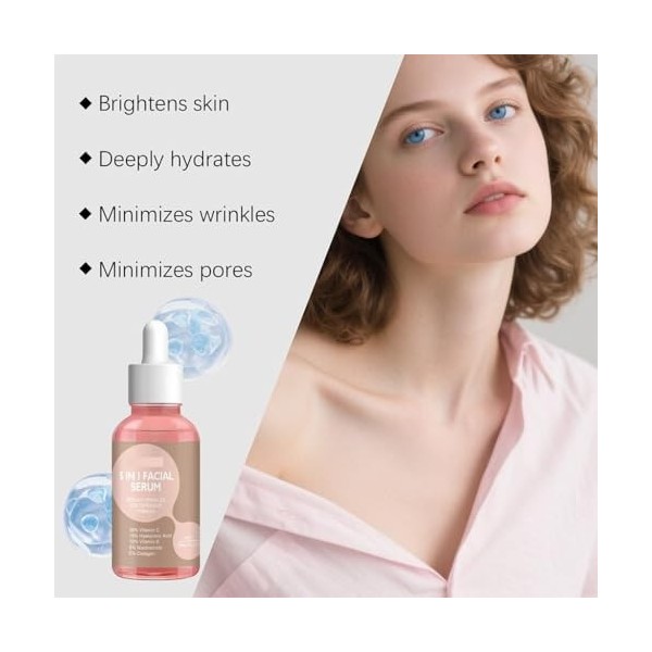 Sérum Visage 5-en-1 à 30% de vitamine C, sérum au collagène, éclaircissant et anti-taches, formule anti-âge pour tous types d...