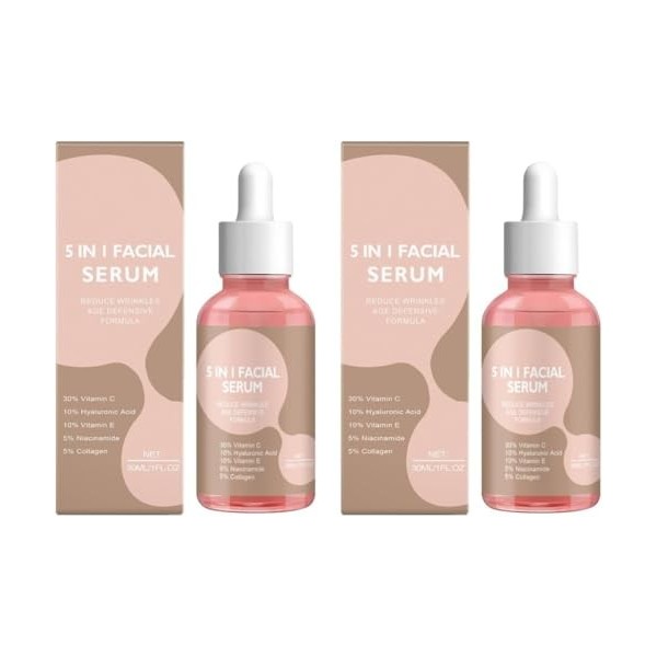 Sérum Visage 5-en-1 à 30% de vitamine C, sérum au collagène, éclaircissant et anti-taches, formule anti-âge pour tous types d...
