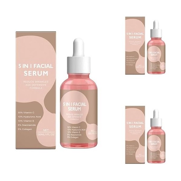 Sérum Visage 5-en-1 à 30% de vitamine C, sérum au collagène, éclaircissant et anti-taches, formule anti-âge pour tous types d...