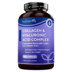 Collagen et Acide Hyaluronique enrichi en Magnesium, Vitamine C, D B12, Coenzyme q10 et Zinc - Complement Alimentaire pour la