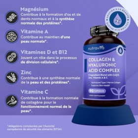 Collagen et Acide Hyaluronique enrichi en Magnesium, Vitamine C, D B12, Coenzyme q10 et Zinc - Complement Alimentaire pour la