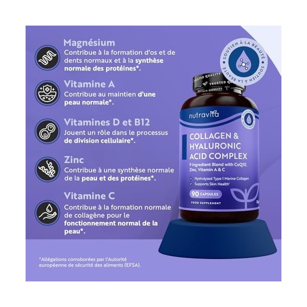 Collagen et Acide Hyaluronique enrichi en Magnesium, Vitamine C, D B12, Coenzyme q10 et Zinc - Complement Alimentaire pour la