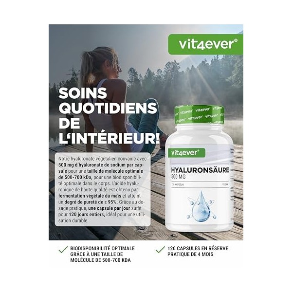 Acide hyaluronique - 120 gélules contenant 500 mg dhyaluron pour 4 mois - 500-700 kDa - Issu de la fermentation végétale - S