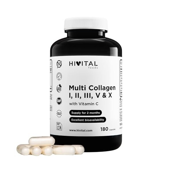 Multi Collagène Hydrolysé. 180 gélules pour 2 mois. Avec des Collagènes de Type I, II, III, V et X. Collagènes Bovins et de P