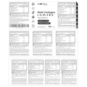 Multi Collagène Hydrolysé. 180 gélules pour 2 mois. Avec des Collagènes de Type I, II, III, V et X. Collagènes Bovins et de P