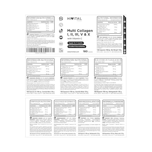 Multi Collagène Hydrolysé. 180 gélules pour 2 mois. Avec des Collagènes de Type I, II, III, V et X. Collagènes Bovins et de P