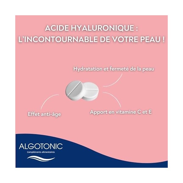 Algotonic - Acide Hyaluronique + Collagène Marin - 90 Comprimés - Cure de 90 jours - Hydratation et Fermeté de la Peau - Effe...