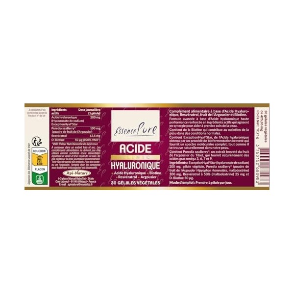 Acide Hyaluronique Essence Pure 200 mg | Spectre Complet 50-1000 kDa | Enrichi en Argousier, Resvératrol, Biotine | Rajeuniss