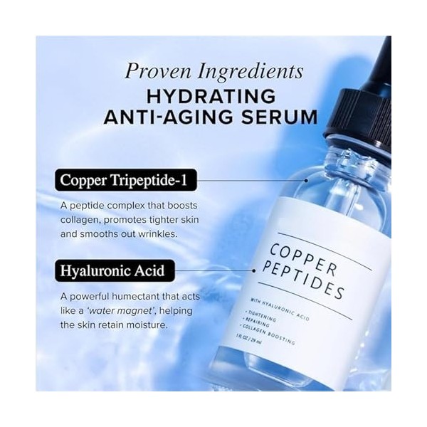 Sérum doux aux peptides de cuivre, adapté aux peaux sensibles | Acide hyaluronique anti-âge | 29 ml