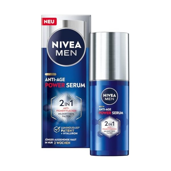 NIVEA MEN Sérum puissant anti-âge 2 en 1 pour homme avec acide hyaluronique pour un effet anti-âge, soin de la peau avec LUMI
