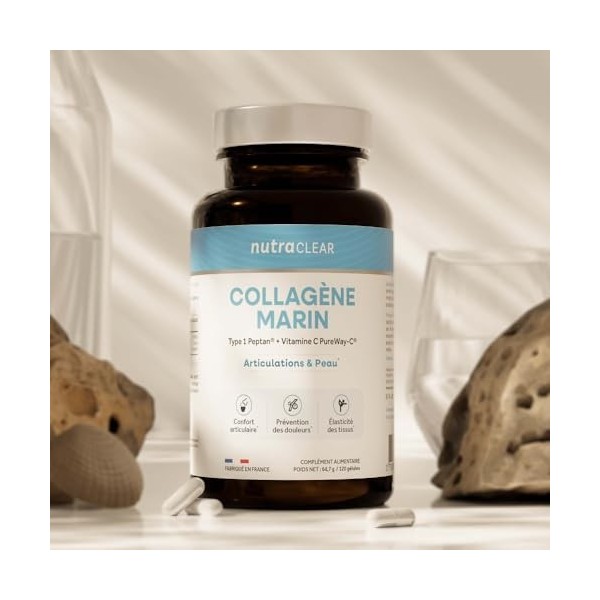 Nutraclear | Collagène Marin Peptan® 120 Gélules | Collagène de type 1 - enrichi en vitamine C PureWay-C® Acide hyaluronique