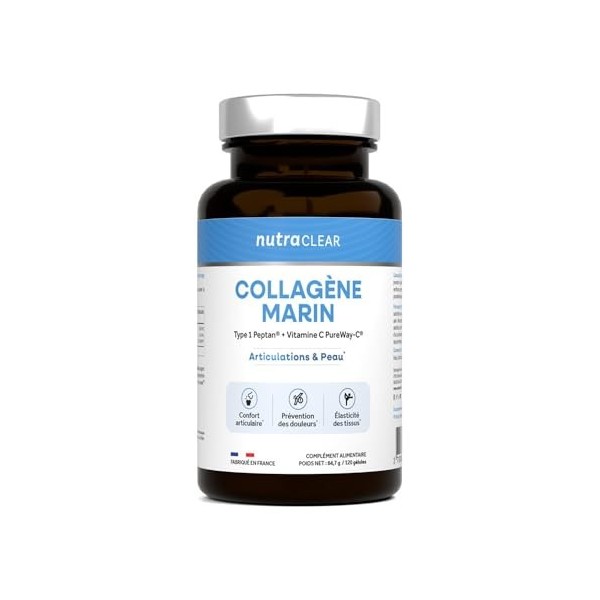 Nutraclear | Collagène Marin Peptan® 120 Gélules | Collagène de type 1 - enrichi en vitamine C PureWay-C® Acide hyaluronique