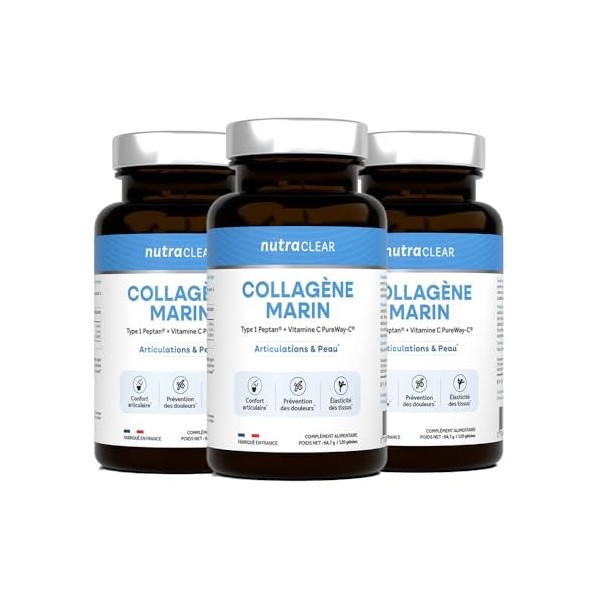 Nutraclear | Collagène Marin Peptan® 120 Gélules | Collagène de type 1 - enrichi en vitamine C PureWay-C® Acide hyaluronique