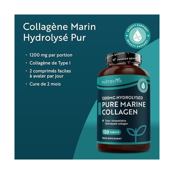 Collagene Marin Hydrolysé Type 1-1200mg - 120 Collagène Marine Comprimés - Peptides de Collagène Hydrolysé - Protéines de Col