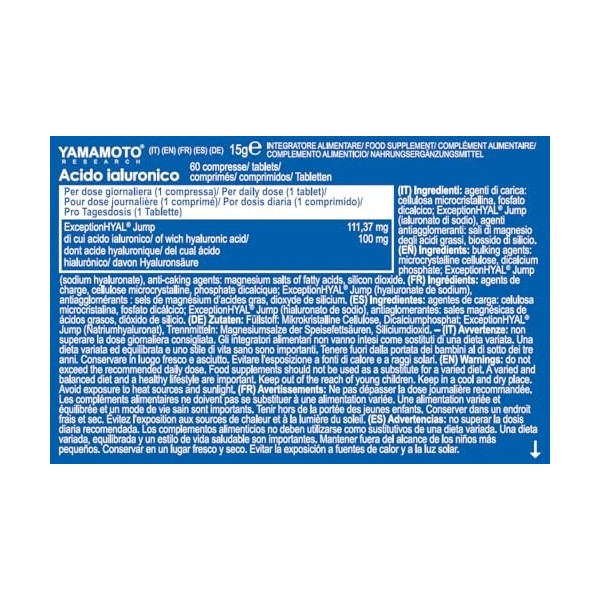 YAMAMOTO RESEARCH Acido Ialuronico ExceptionHYAL Jump 60 Comprimés, Convient aux Sportifs qui Sollicitent Continuellement leu