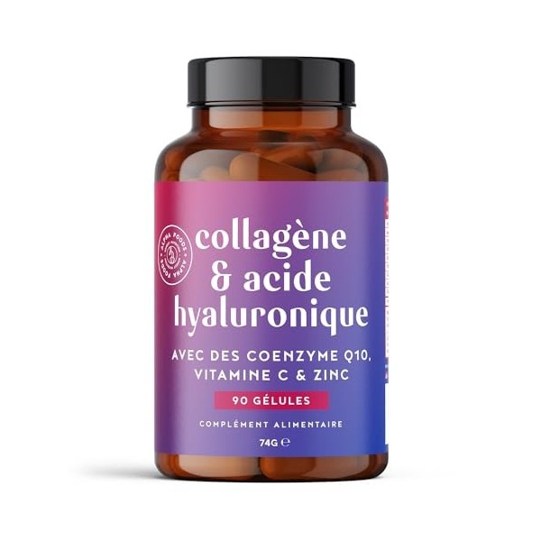 Collagène Marin + Acide Hyaluronique | 90 Gélules | Cure de 3 mois | Peptides Collagene Hydrolysé Type 1 | avec Vitamine C, Z