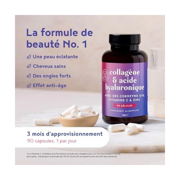 Collagène Marin + Acide Hyaluronique | 90 Gélules | Cure de 3 mois | Peptides Collagene Hydrolysé Type 1 | avec Vitamine C, Z