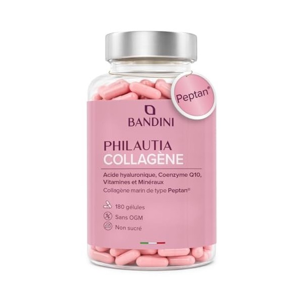 Bandini® Collagène Marin Peptan® + Acide Hyaluronique 180 Gélules, Anti Age pour Peau, Articulations et Cheveux - Vitamine C,