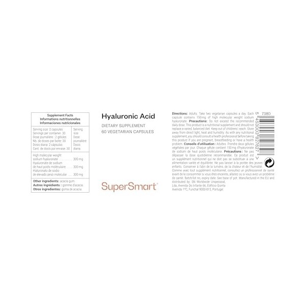 Supersmart - Hyaluronic Acid - Acide Hyaluronique de Haut Poids Moléculaire - Aide à Retrouver le Confort et lÉlasticité des