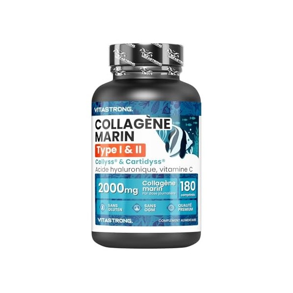 Collagene Marin, Acide Hyaluronique, Vitamine C, 180 Comprimés, Collagène Hydrolysé de Type 1&2 Collyss Cartidyss, Supplément