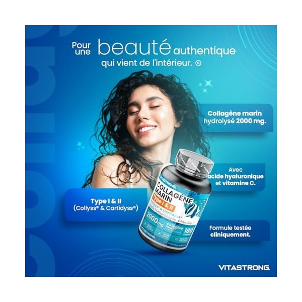 Collagene Marin, Acide Hyaluronique, Vitamine C, 180 Comprimés, Collagène Hydrolysé de Type 1&2 Collyss Cartidyss, Supplément