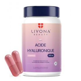 LIVONA BEAUTY Acide Hyaluronique 340 mg + Vitamine C 200 mg - 60 Gélules Végétales VEGAN - Hydratation Peau & Formation Colla