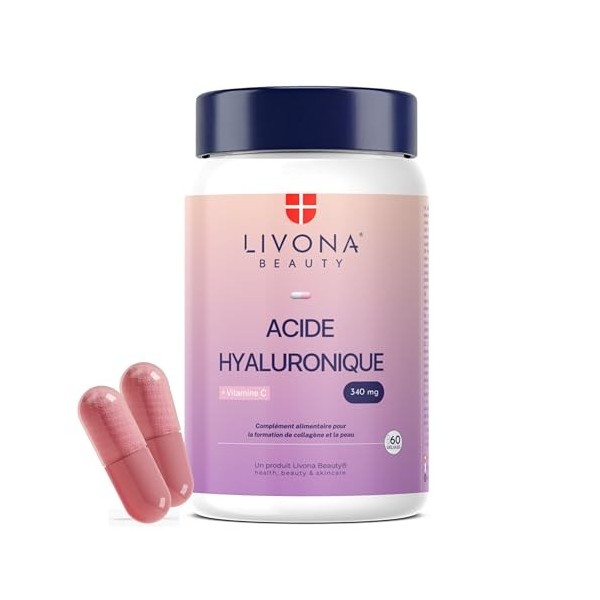 LIVONA BEAUTY Acide Hyaluronique 340 mg + Vitamine C 200 mg - 60 Gélules Végétales VEGAN - Hydratation Peau & Formation Colla