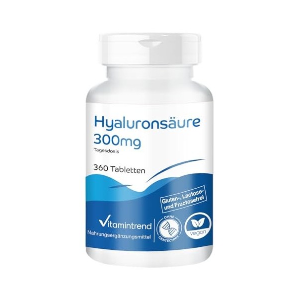 Vitamintrend Acide Hyaluronique 300 mg, 360 comprimés, complément alimentaire végétalien hautement dosé sans stéarate de magn