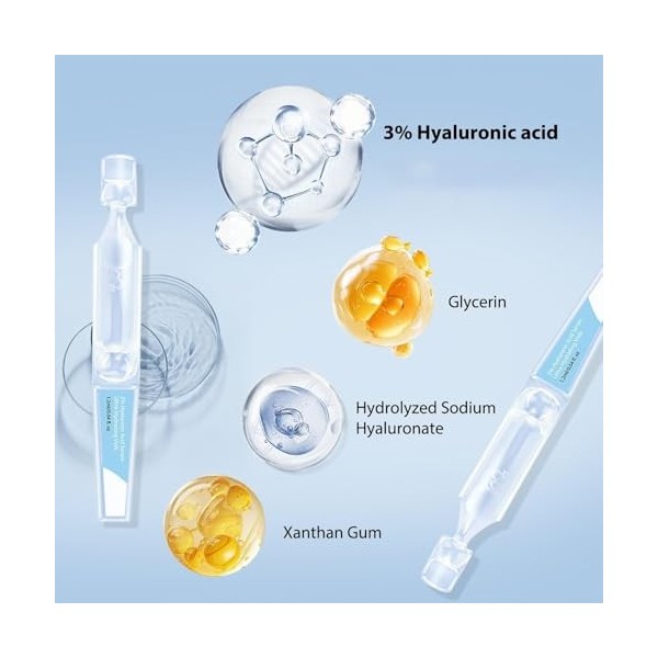 Essence dacide hyaluronique à 3%, hydratation longue durée, améliore la texture de la peau, réduit les ridules, améliore lé