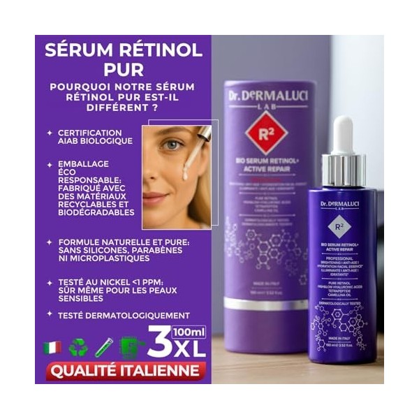 Sérum Visage Rétinol Pur 0,10% 100ML BIO | Anti-rides, Raffermissant, Illuminateur | Acide Hyaluronique, Peptides, Huiles de 