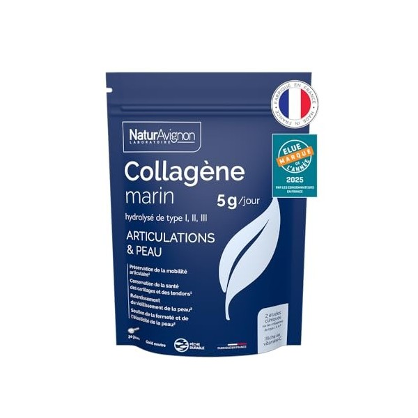 Collagene marin hydrolysé type 1, 2&3 | Articulations | Peau I Vitamine C I Collagene marin poudre 5g par portion | Goût neut
